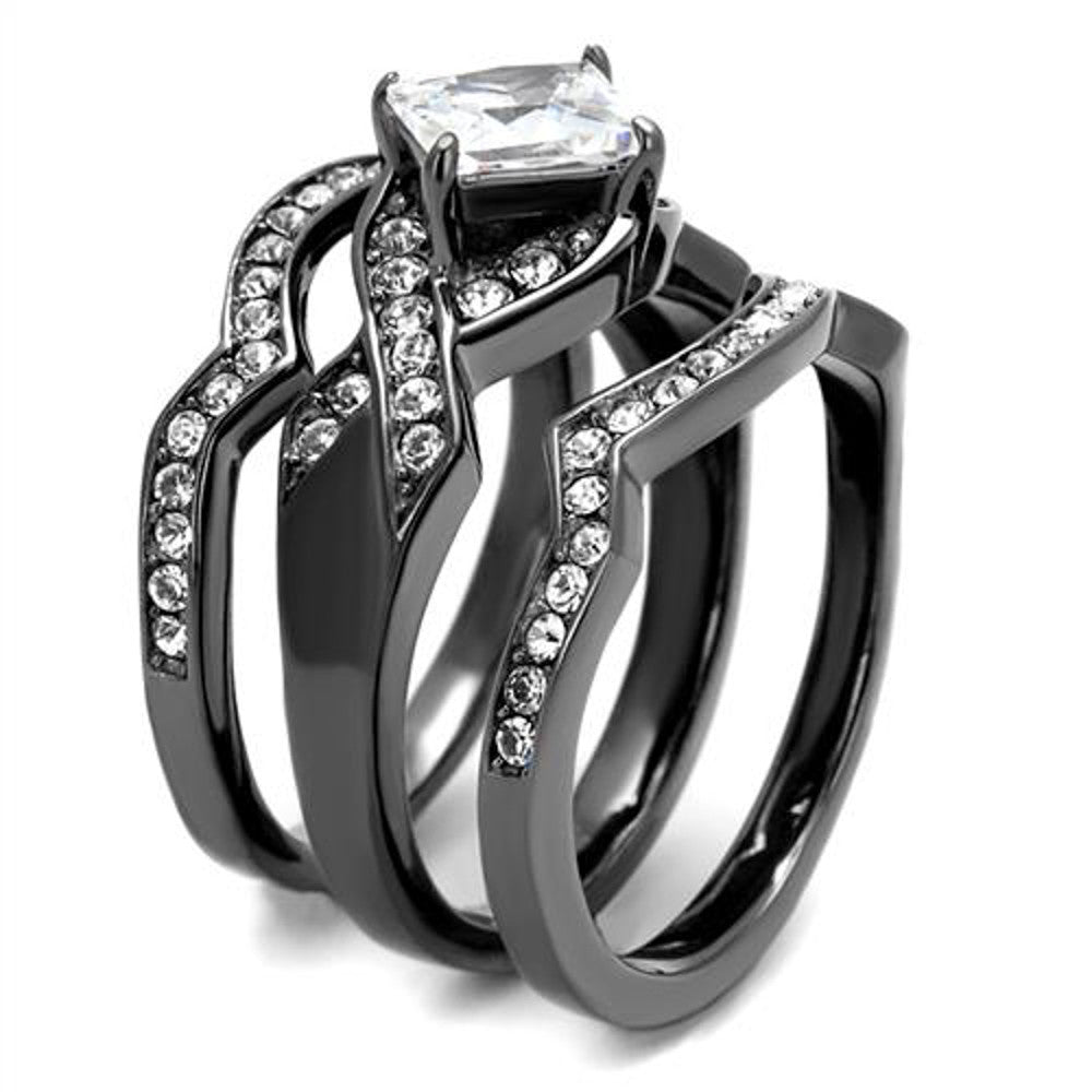 ARTK2741 Women's 2.2 Ct Princess Cut CZ Light Black Stainless Steel Wedding Ring Set